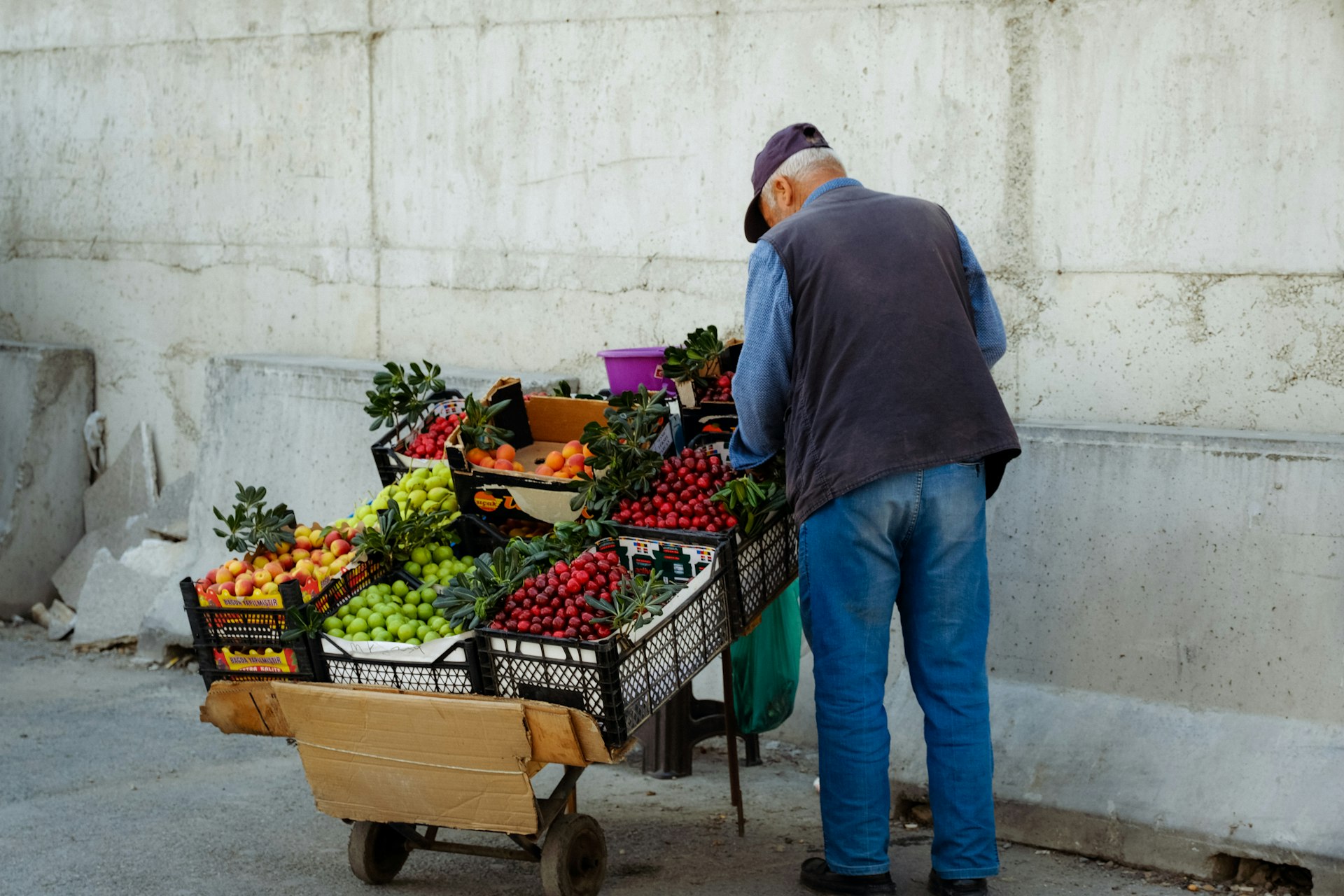 a person pushing a cart full of fruits